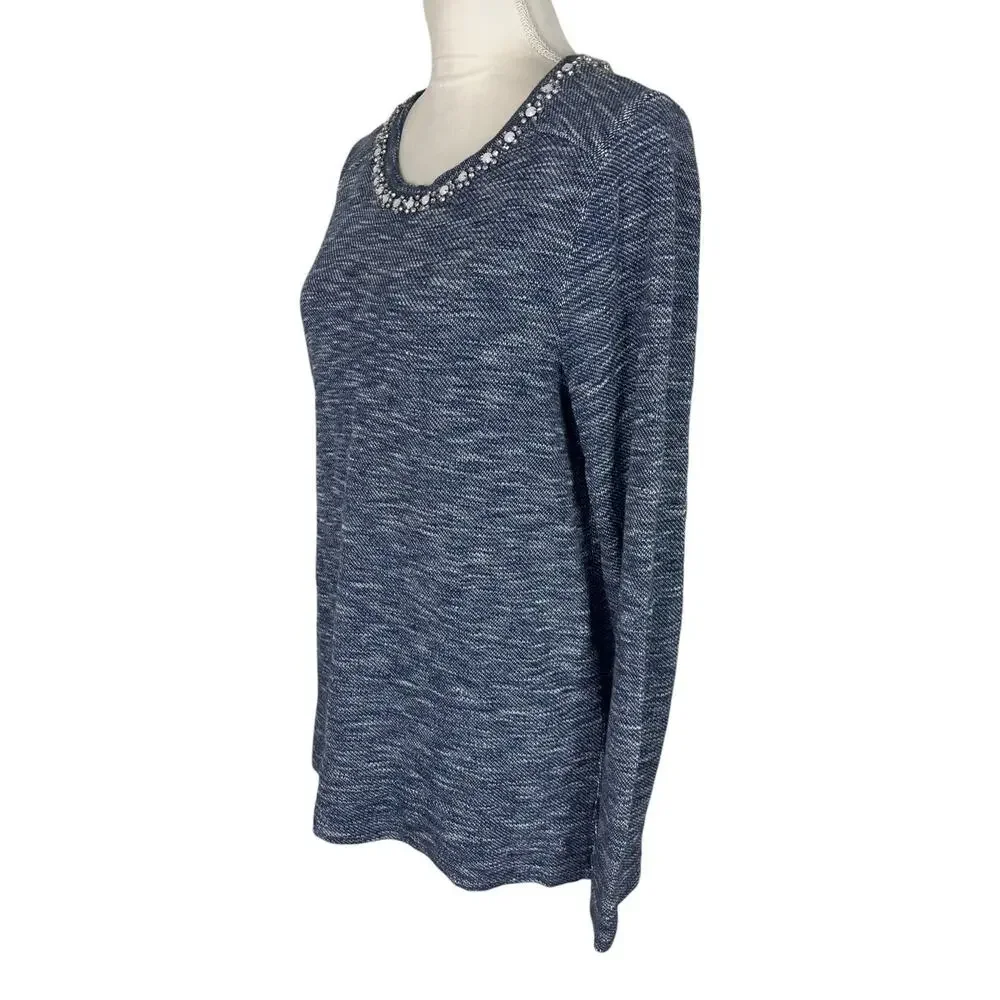 J. Crew Marled Blue Jeweled Rhinestone Neck Knit Pullover Sweater Size Large - Picture 5 of 8